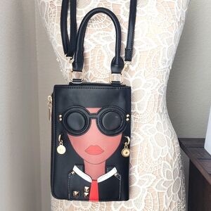 Women's Novelty Lady Face Black Leather Top Handle Crossbody Flat Bag